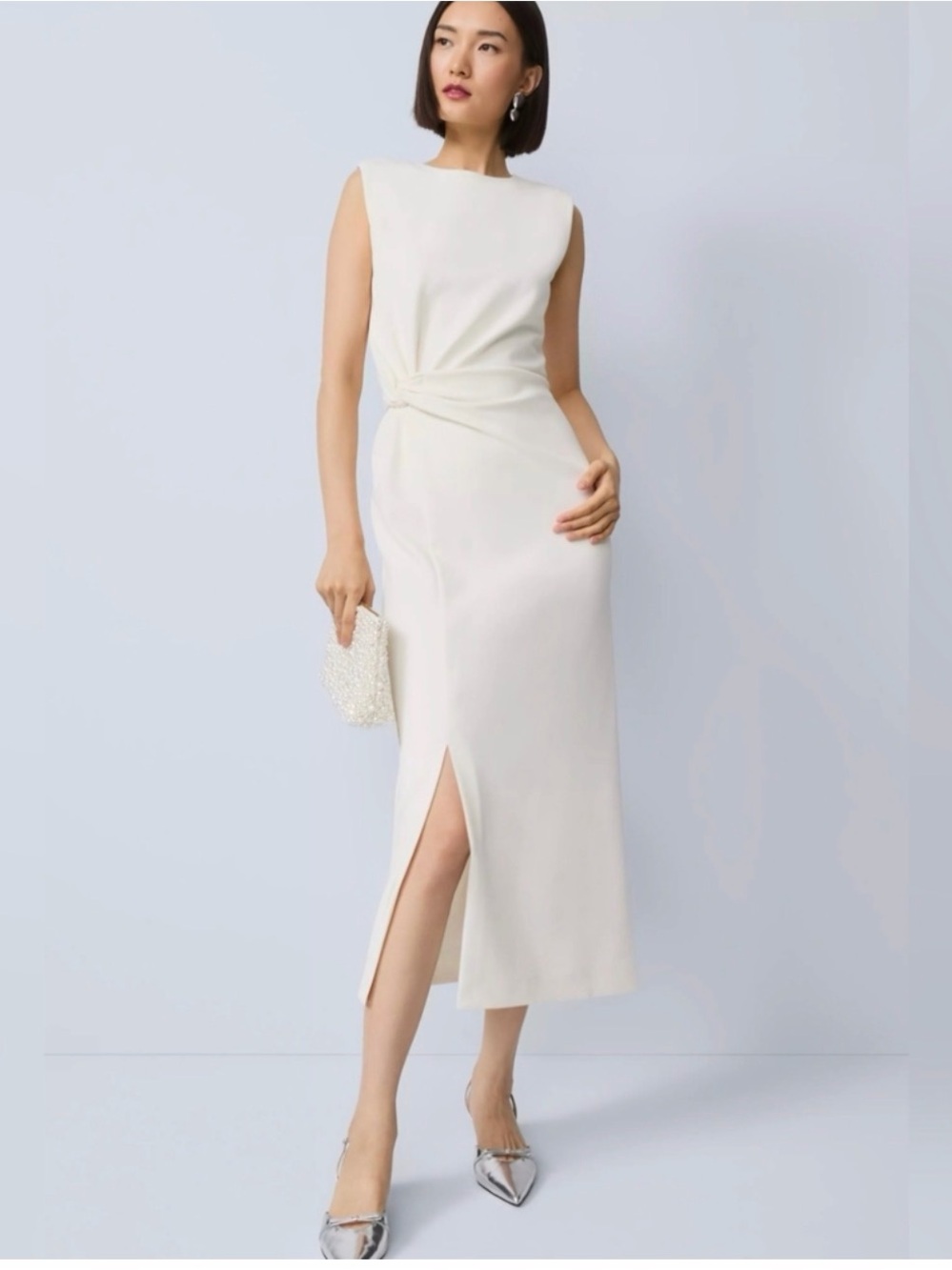 Ann Taylor Cream Sleeveless Twist-Waist Midi Dress with Side Slit